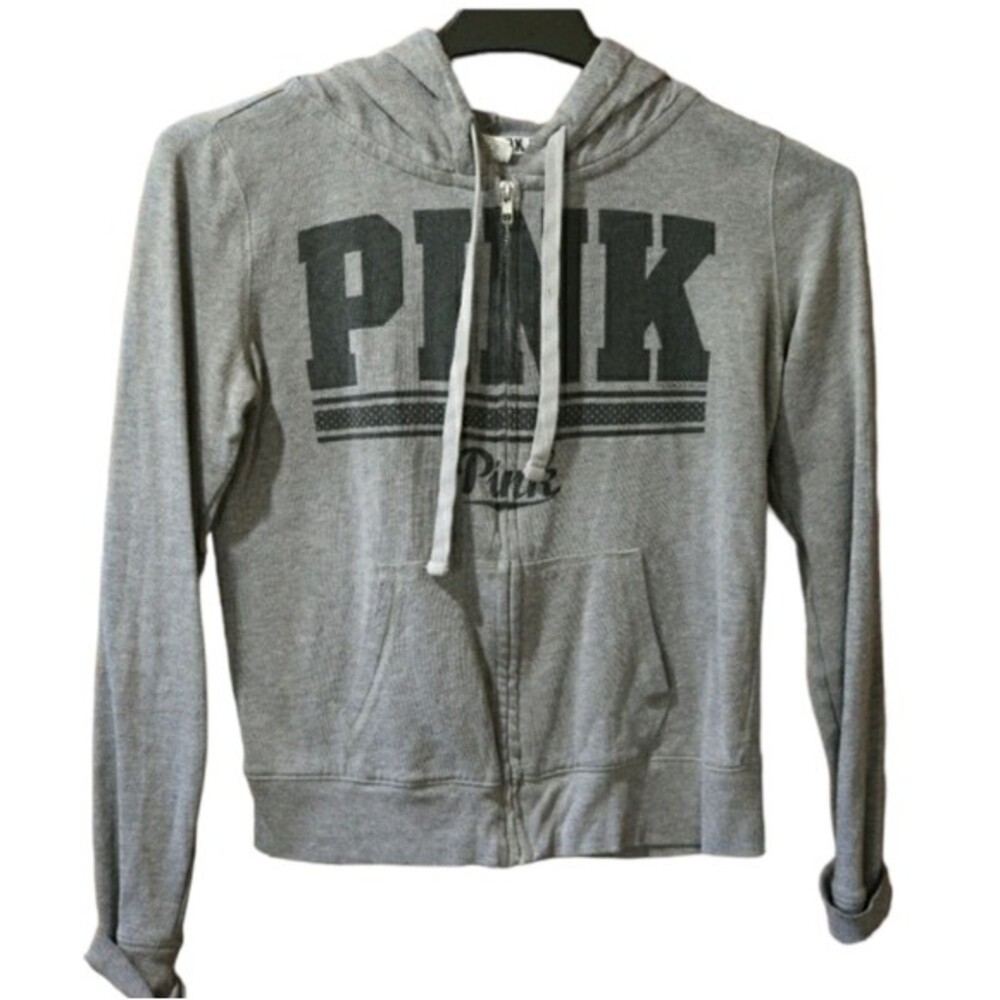 PINK Victoria's Secret Gray Zip Hoodie Logo Spellout Y2K Streetwear Small Cotton
